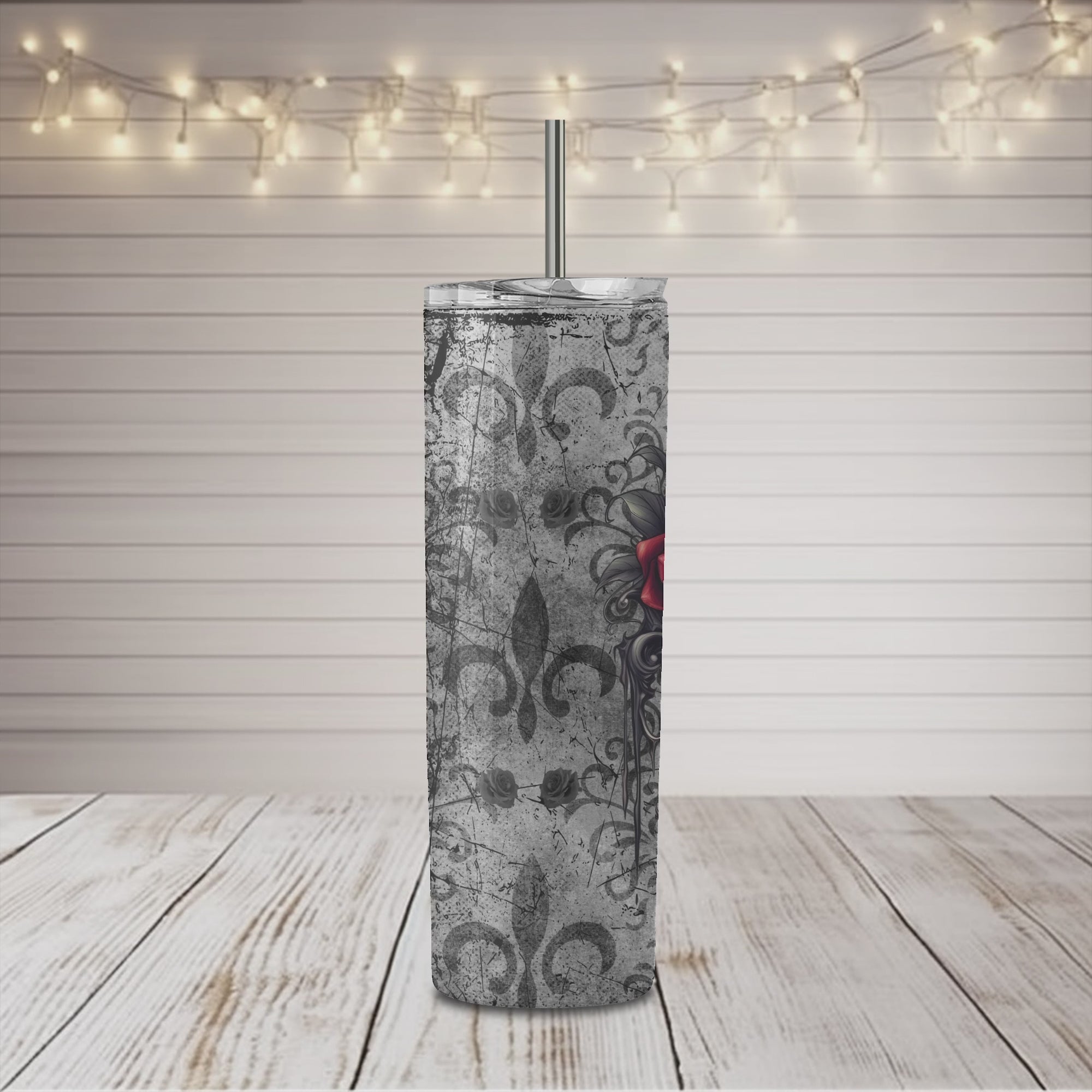 Vaso delgado de 20 oz con diseño de calavera y espejo oscuro