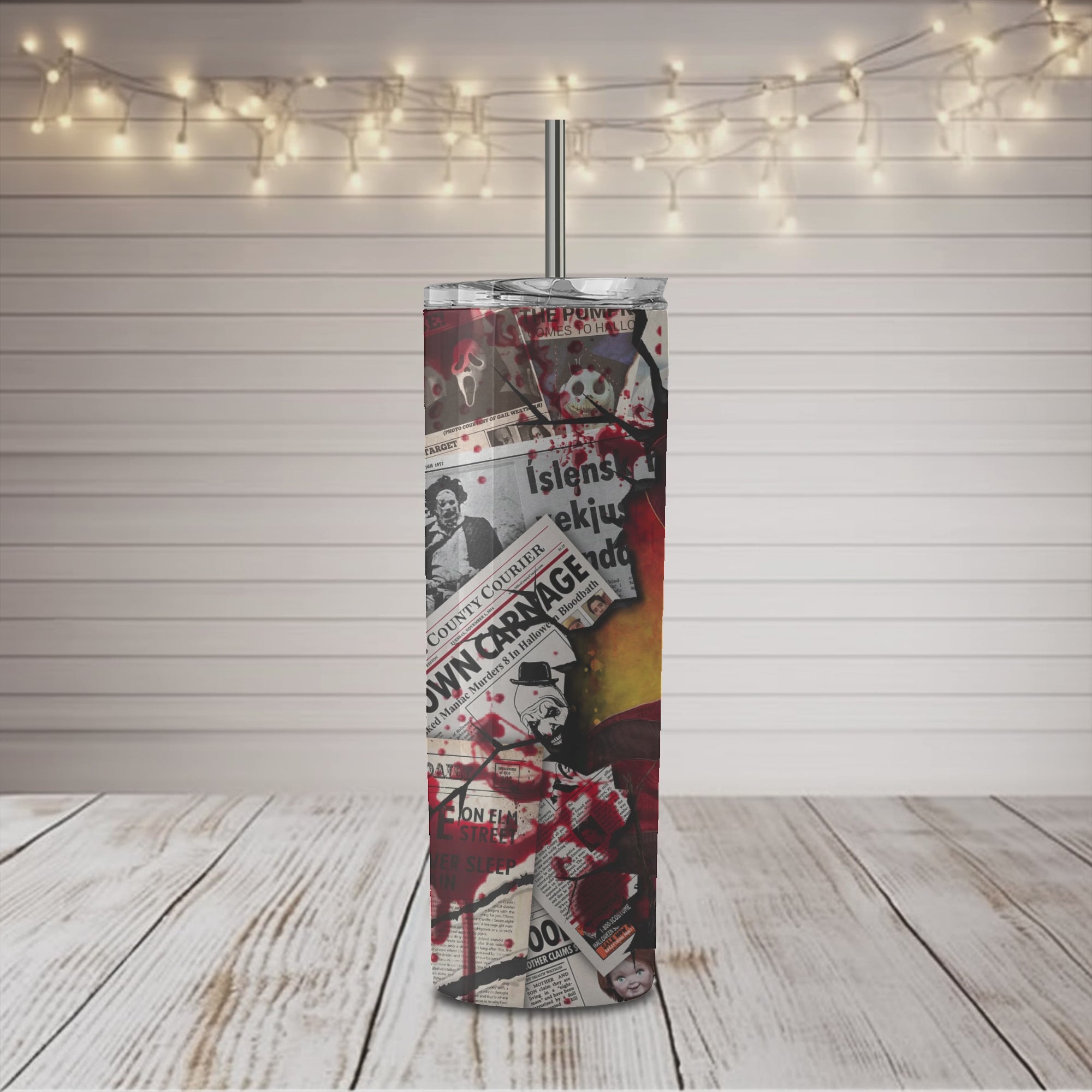 Horror Character Dream Slash Newspaper 20 oz Skinny Sublimation Tumbler