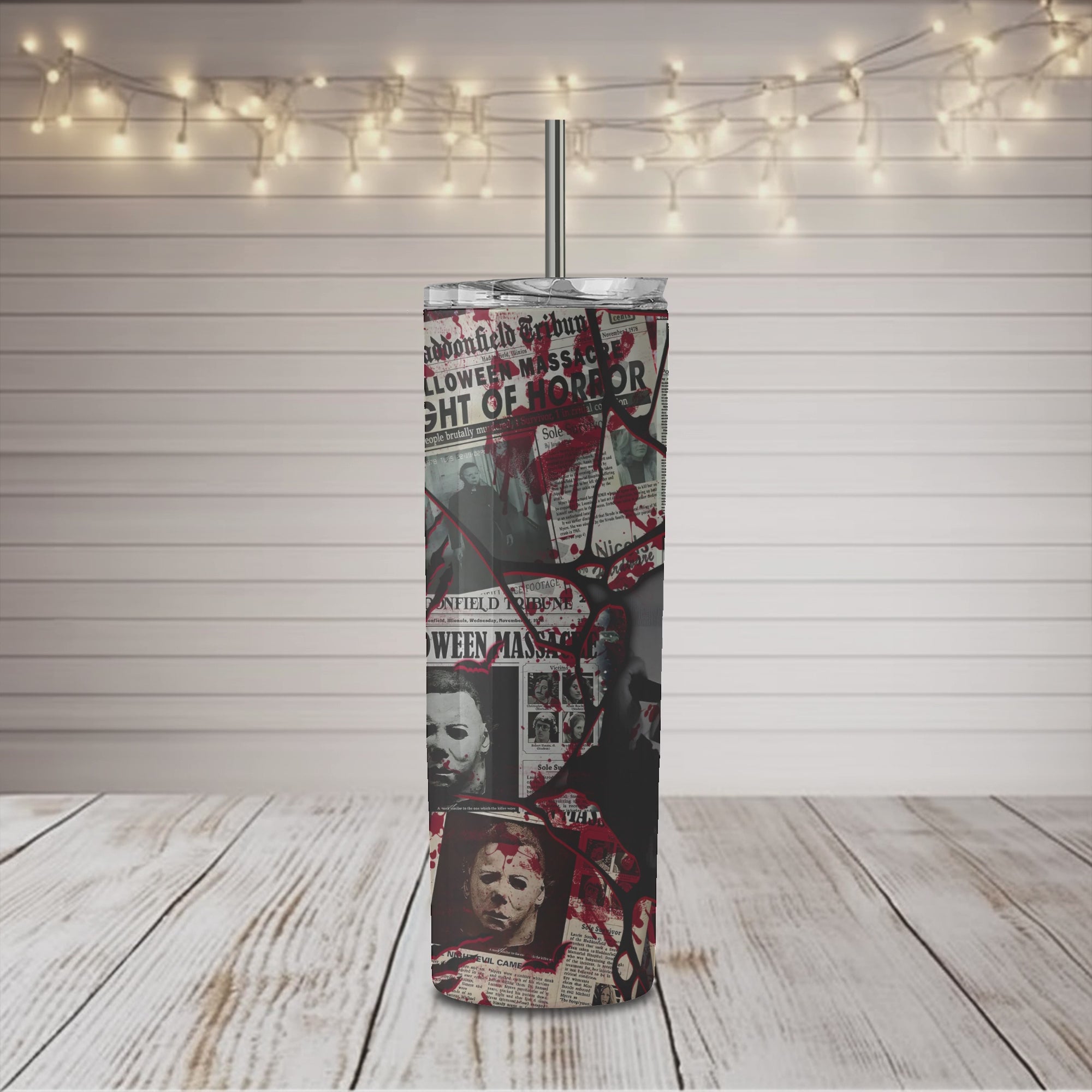 Horror Character Mask Newspaper 20oz Skinny Sublimation Tumbler