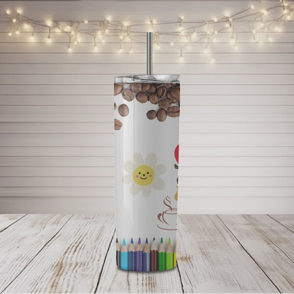 Vaso delgado de 20 oz con texto en inglés "Coffee Teach Repeat"