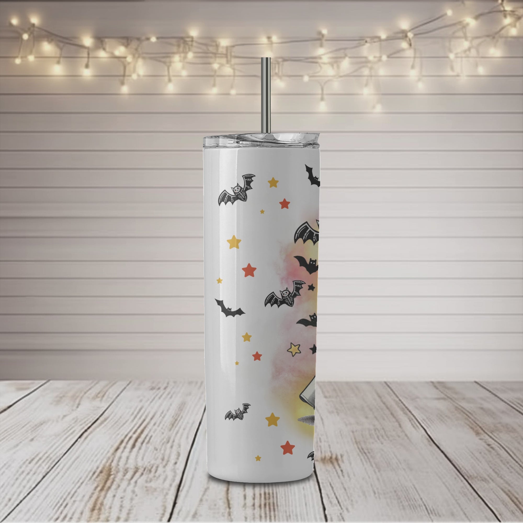 Vaso delgado de 20 oz con diseño de fantasma de Halloween y murciélagos