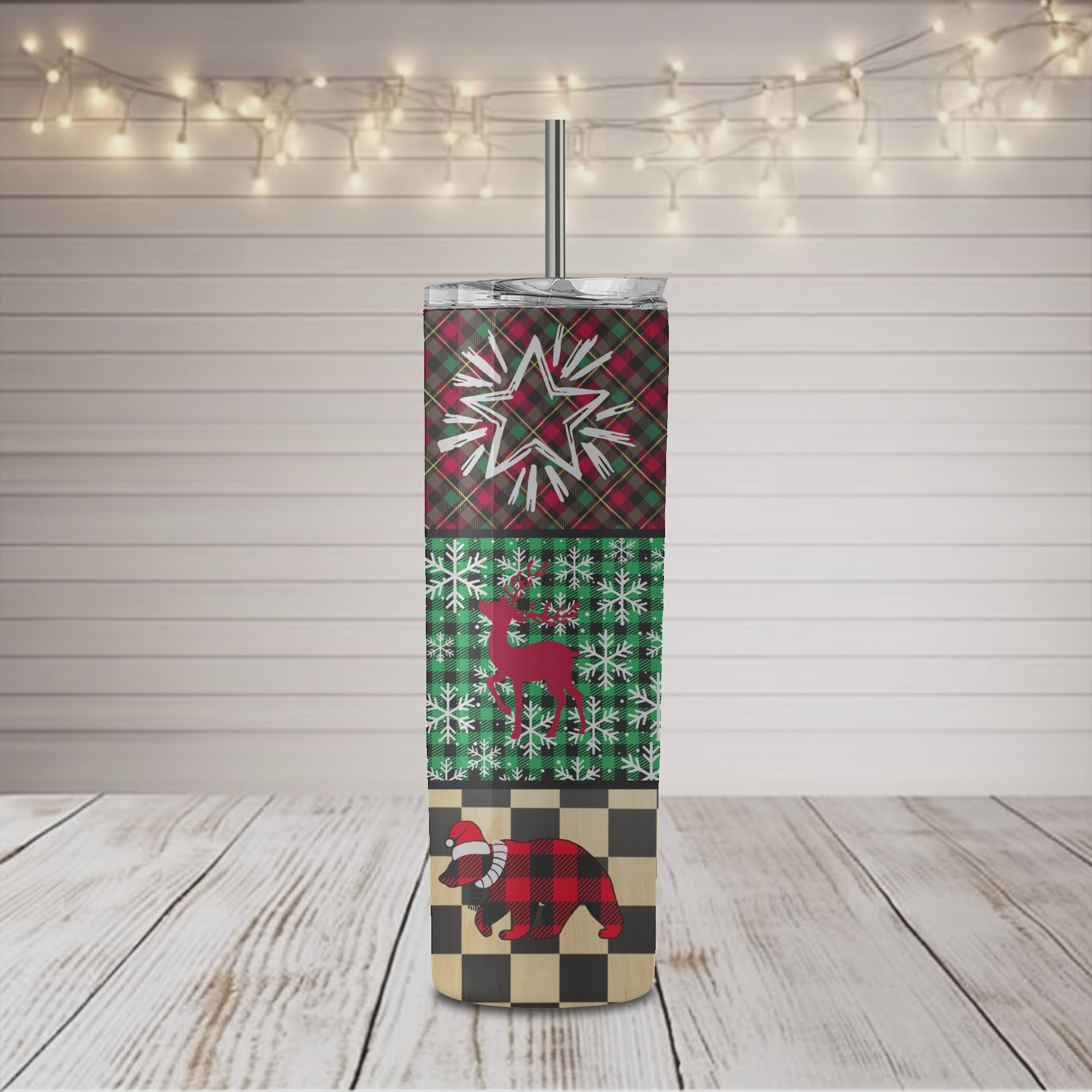 Vaso delgado de 20 oz con parches de cuadros navideños