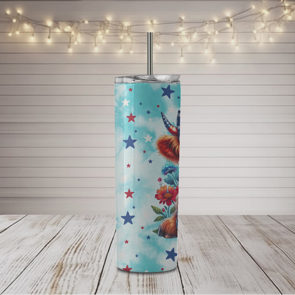 Vaso delgado de 20 oz con diseño de vaca de las tierras altas patriótica
