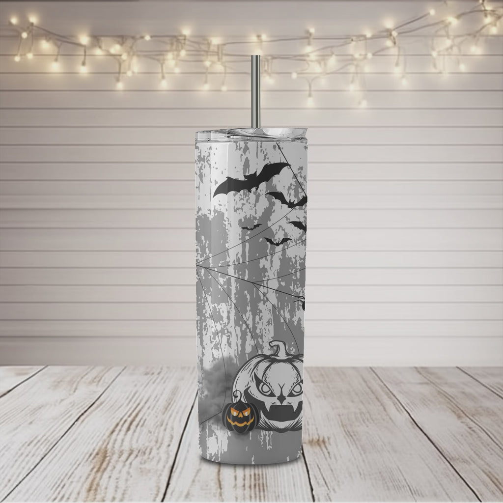 Vaso delgado de 20 oz en blanco y negro con texto "Happy Halloween"