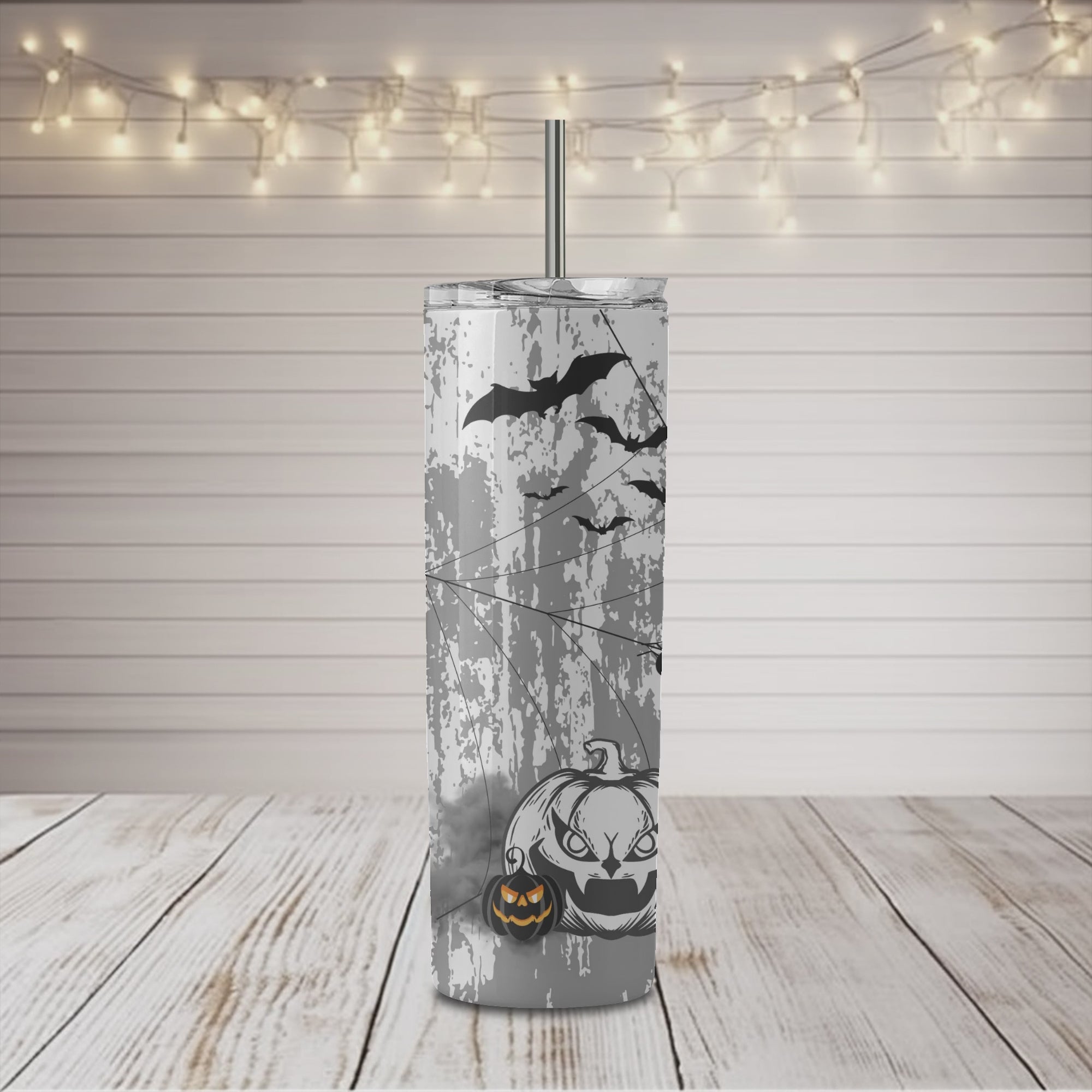 Vaso delgado de 20 oz en blanco y negro con texto "Happy Halloween"