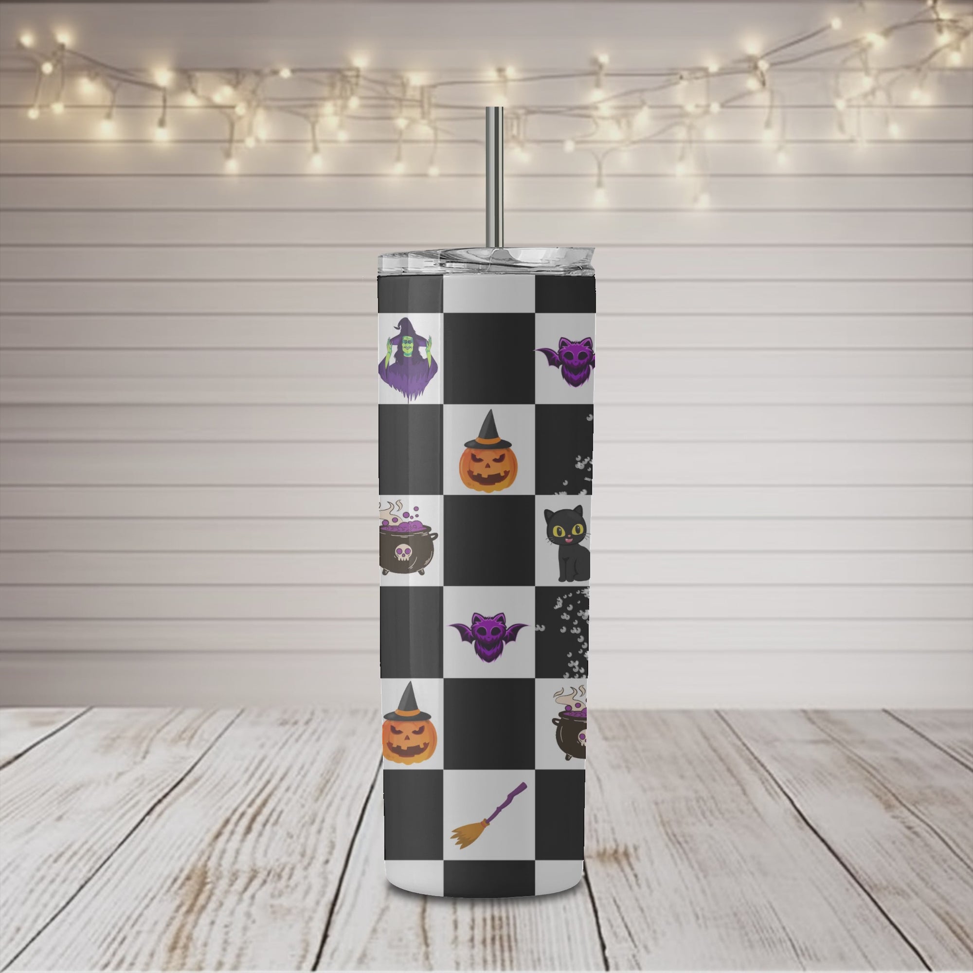 Vaso delgado de 20 oz con diseño de cuadros espeluznantes de Halloween