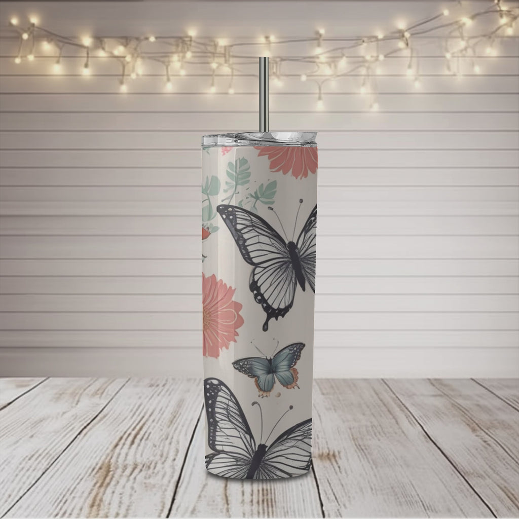 Vaso delgado de 20 oz con diseño de mariposa de primavera en color coral y negro