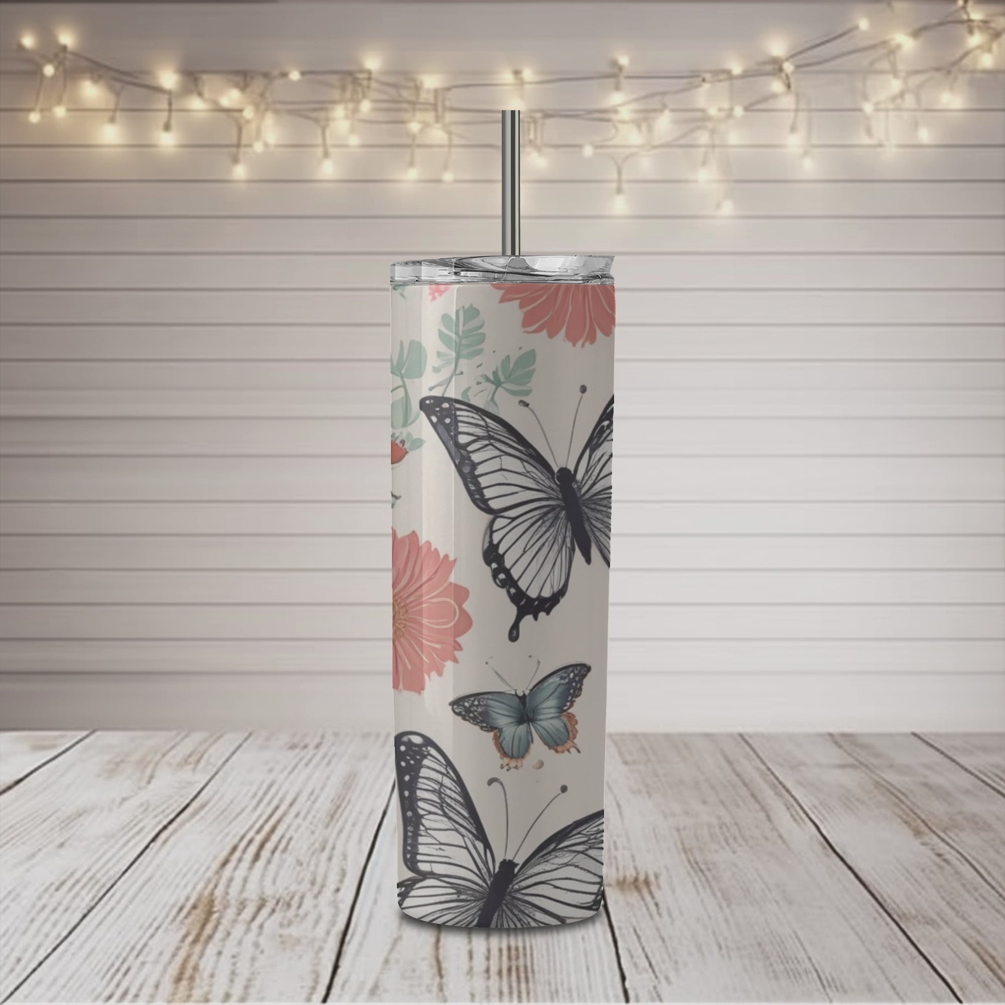 Spring Butterfly Coral and Black 20 oz Skinny Tumbler