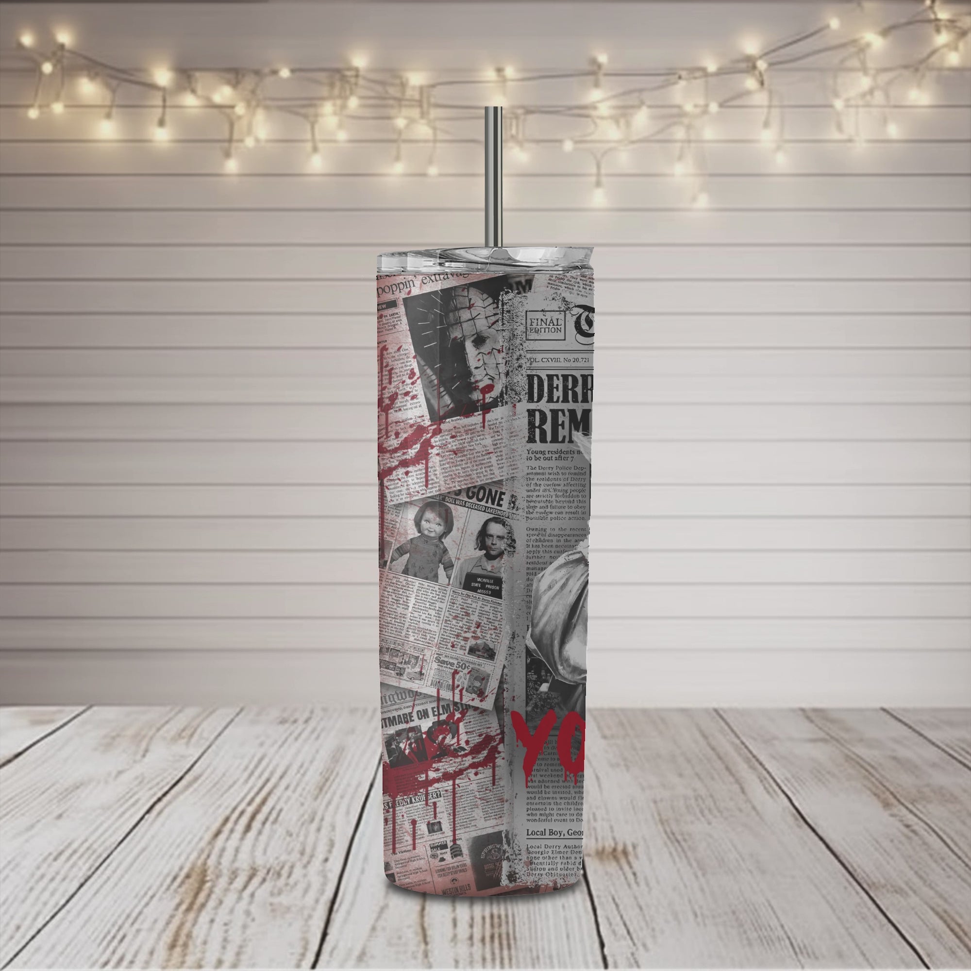 Horror Character Clown Newspaper 20oz Skinny Sublimation Tumbler