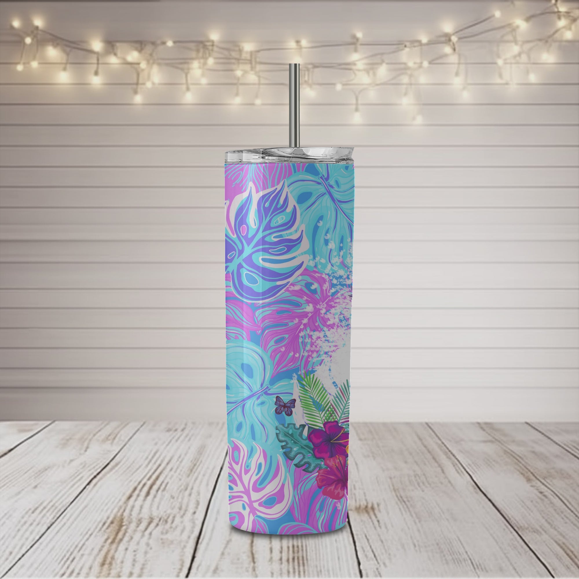 Vaso estrecho de 20 oz con diseño de tortuga en color rosa y azul