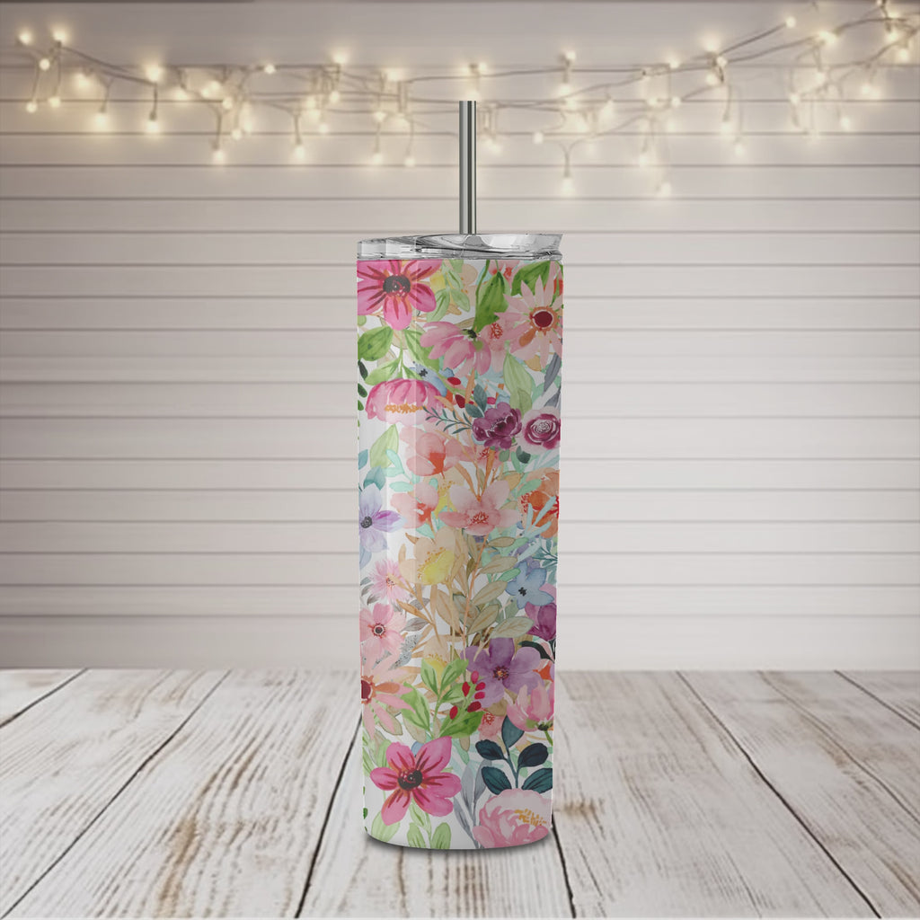 Vaso delgado de 20 oz con diseño de flores primaverales coloridas
