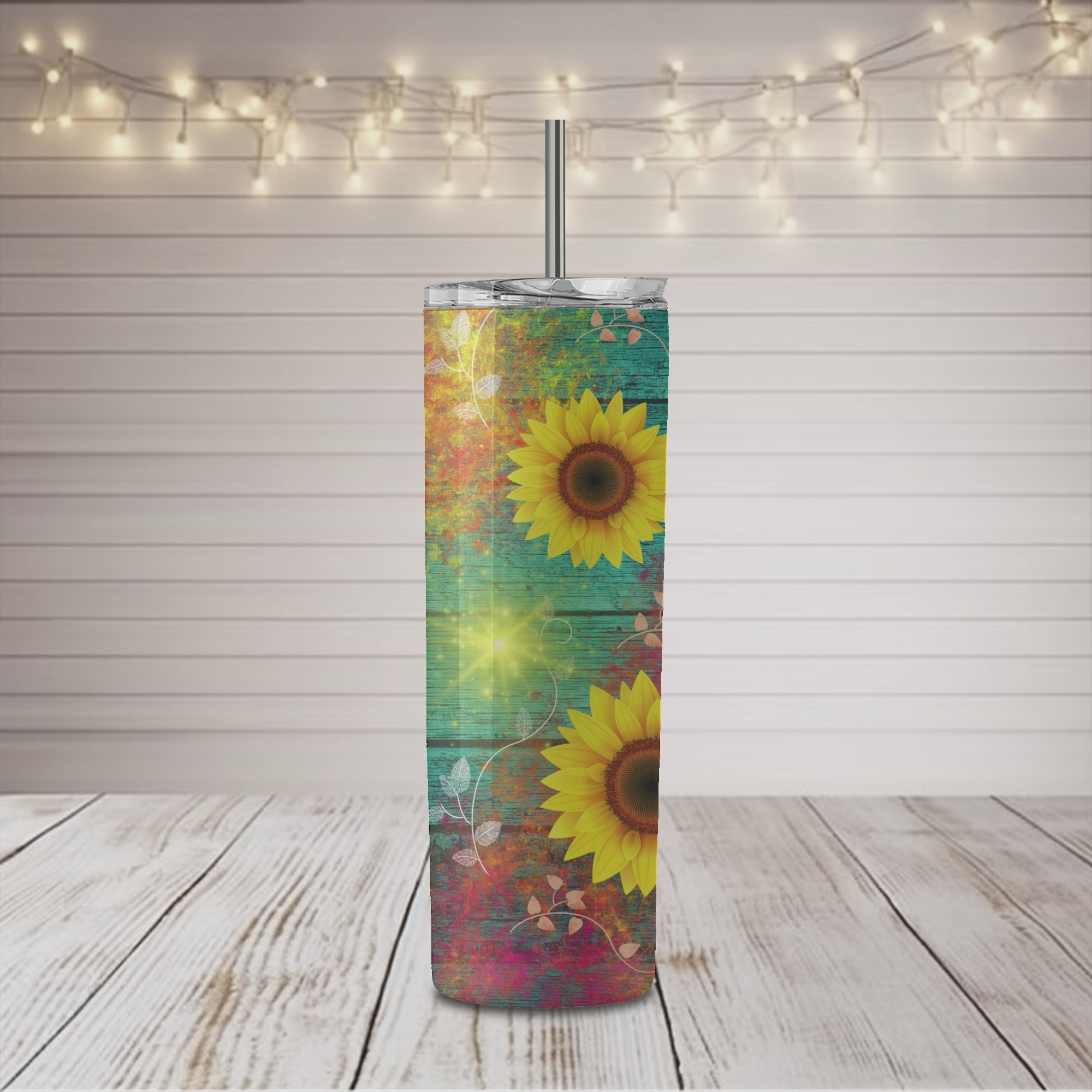 Colorful Sunflower Teal Wood 20 oz Skinny Tumbler