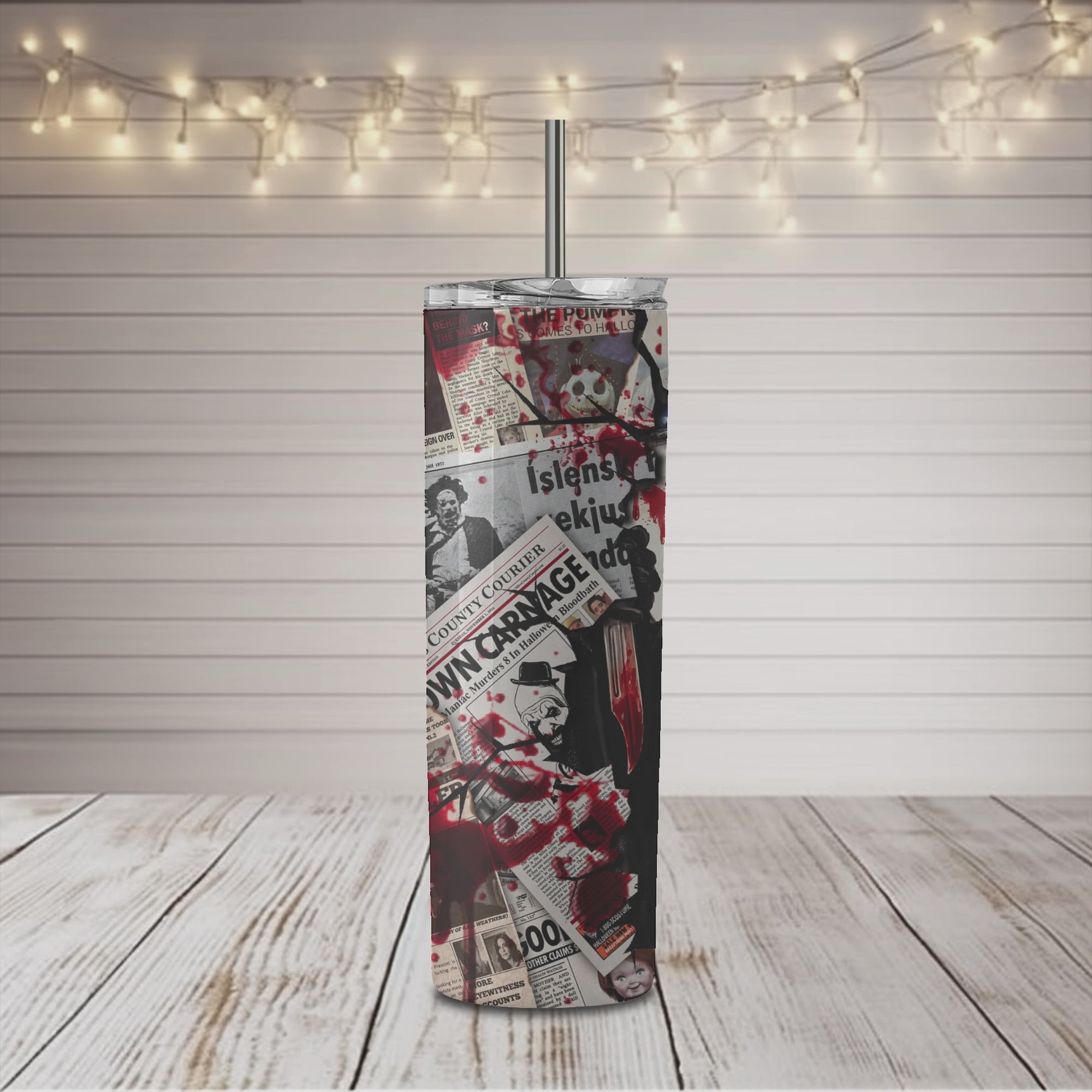 Horror Character Ghost Newspaper 20oz Skinny Sublimation Tumbler