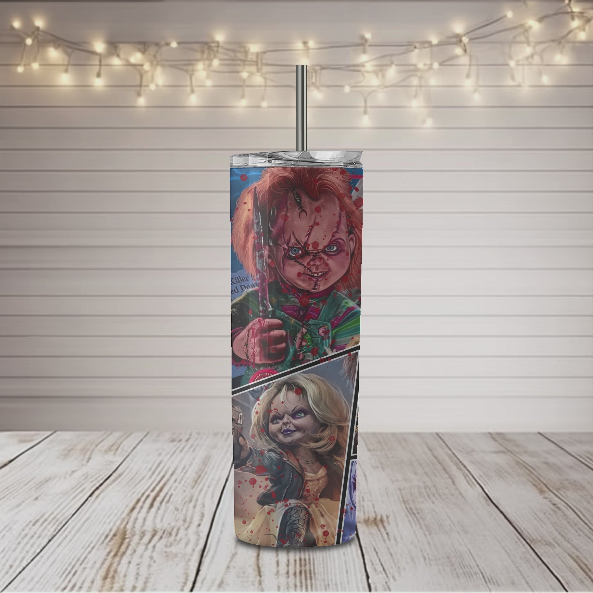Horror Character and Bride Collage 20 oz Skinny Sublimation Tumbler