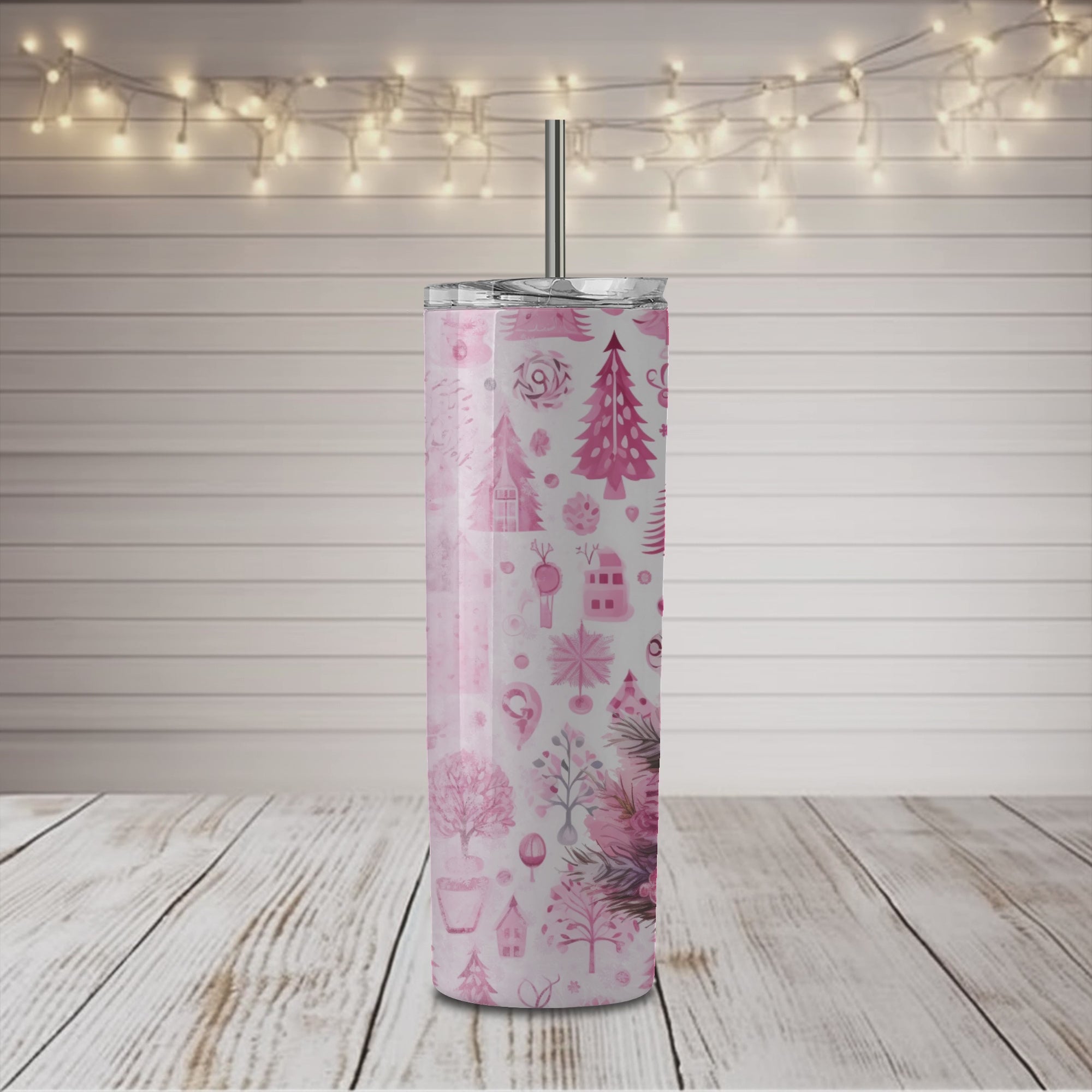 Vaso estrecho de 20 oz con diseño de muñeco de nieve rosa navideño