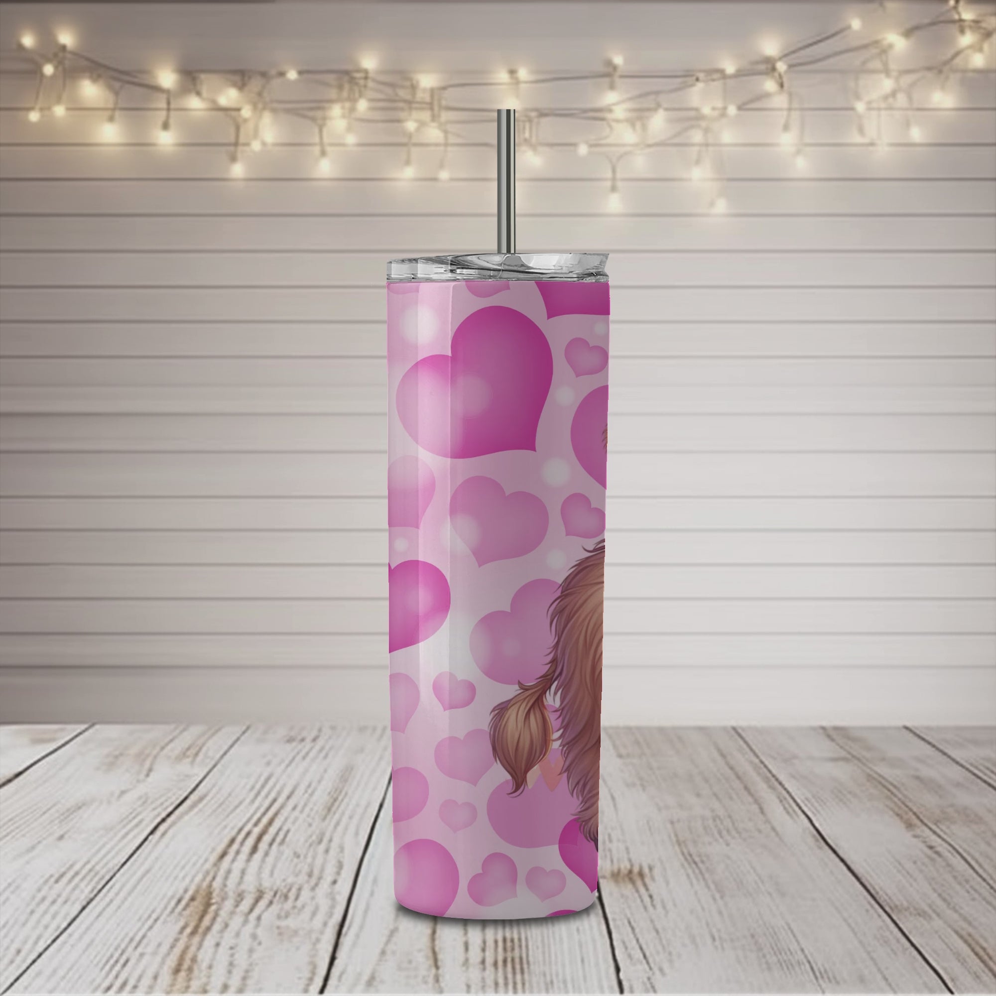 Vaso delgado de 20 oz con diseño de vaca de las Tierras Altas de color rosa de San Valentín