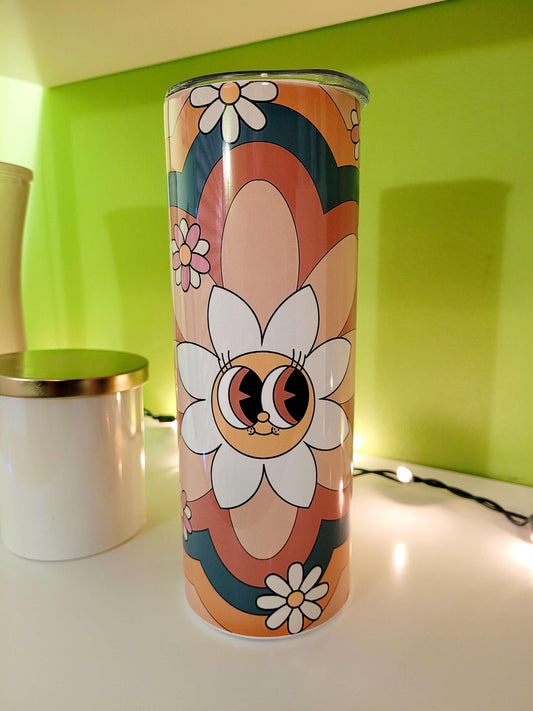 Vaso delgado de 20 oz con cara sonriente y diseño retro de flores