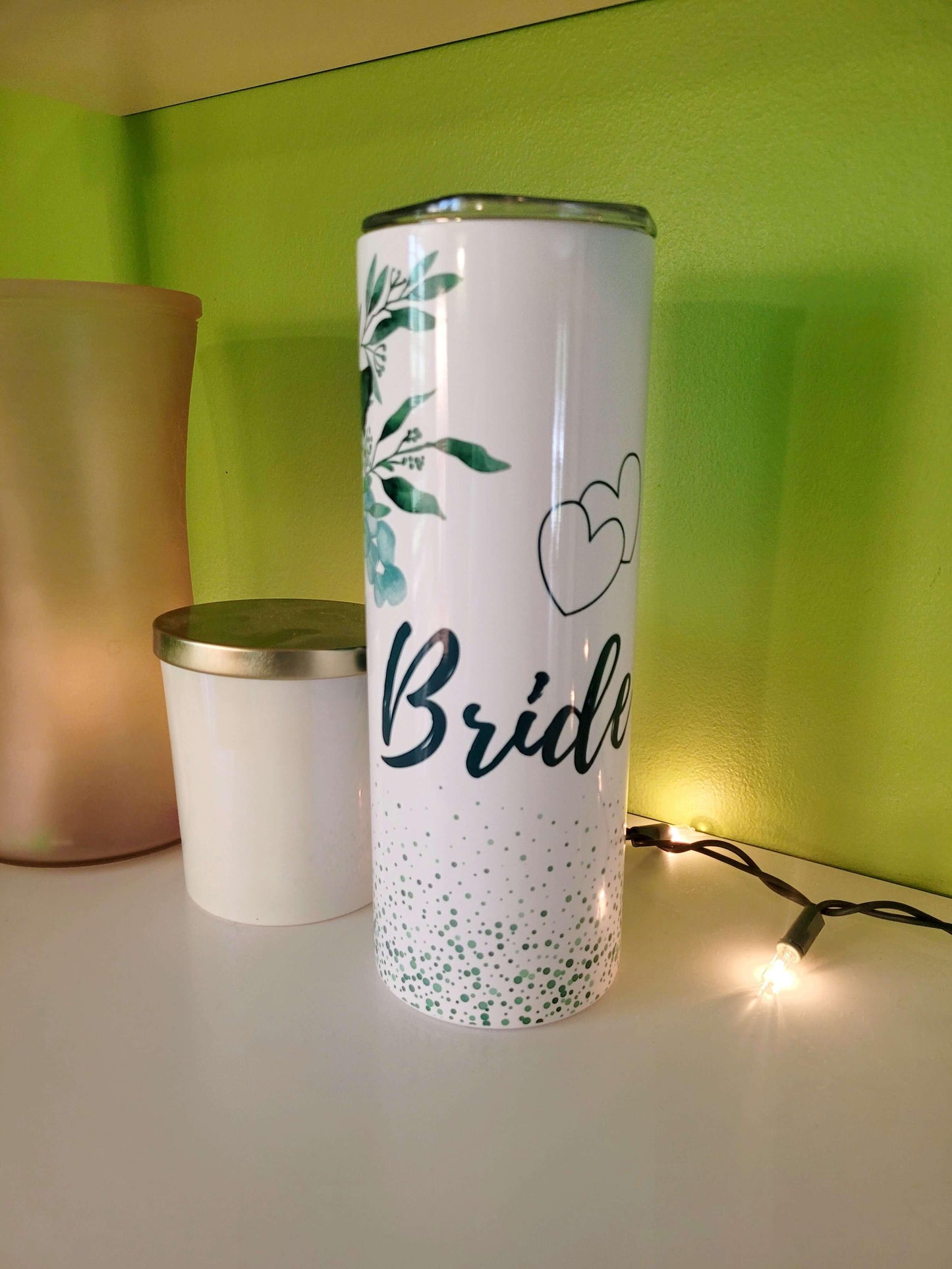 Bride with Green Glitter and Flowers Personalized 20 oz Skinny Tumbler