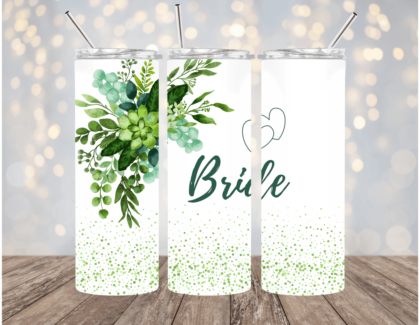 Bride with Green Glitter and Flowers Personalized 20 oz Skinny Tumbler